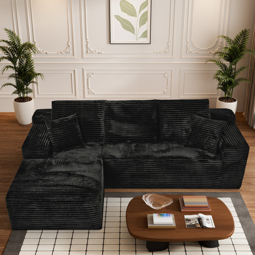 107 inch Rabbit hair Modular Cloud Combination Sofa Sofa - L-shaped living room sofa with recliner, Mdoren minimalist sleeper sofa, deep seat, no need to assemble black
