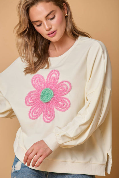 Beige Cute Tinsel Flower Puff Sleeve Sweatshirt