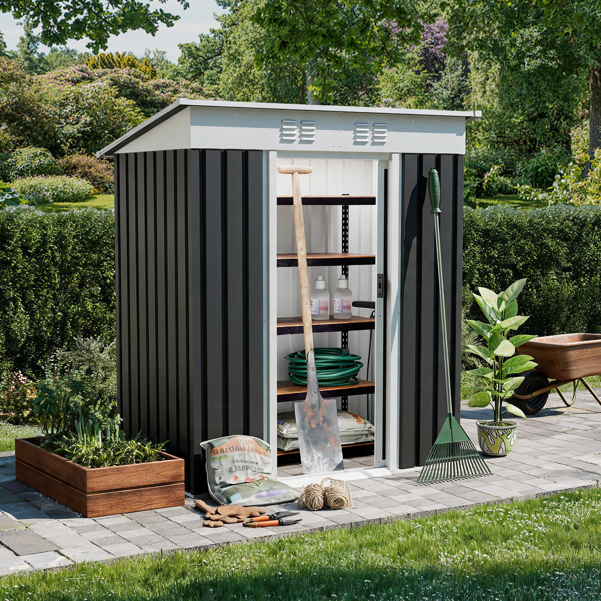 5x3 FT Metal Garden Shed with Sliding Door Pent Roof  Storage Sheds Outdoor Backyard Patio Use