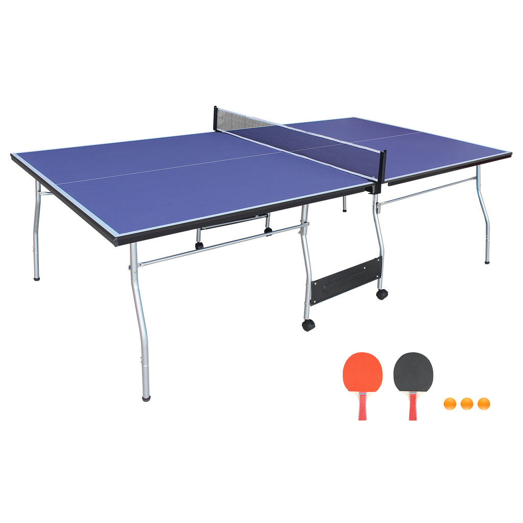 8*4.5ft Mid-Size Table Tennis Table Foldable & Portable Ping Pong Table Set for Indoor Games with Net, 2 Table Tennis Paddles and 3 Balls