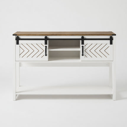 Modern Farmhouse Entryway Table 46' White & Rustic Oak with Sliding Barn Door Storage, Engineered Wood