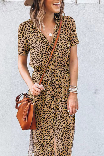 Khaki Leopard Print Waist Belted Button Up Shirt Dress - Eloy Royal