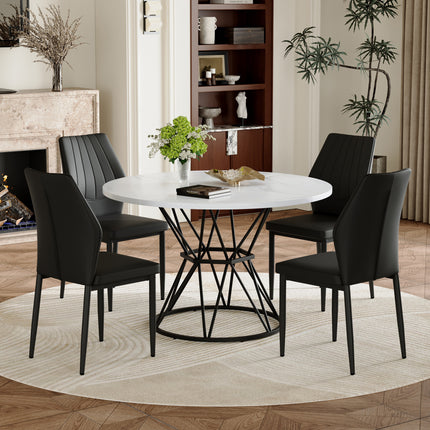 Table and Chair Set.A white MDF table with a diameter of 47.3 inches,black hourglass shaped metal brackets. Paired with 4 Black PU Dining Chairs, 37 inches High, Ergonomic PU Backrest.
