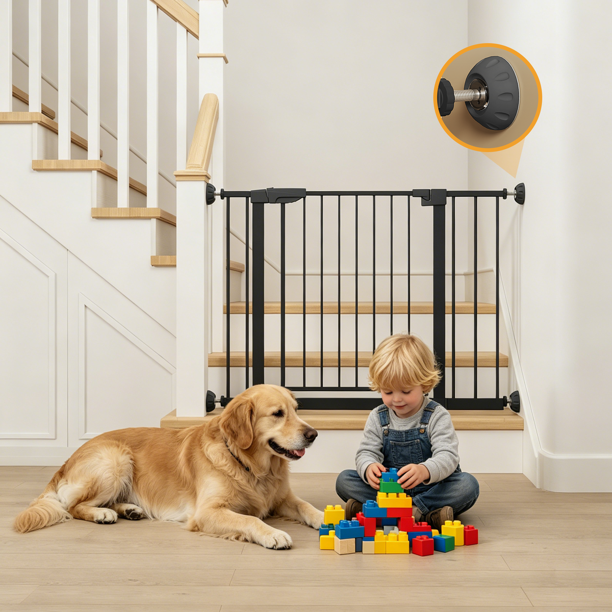 29.5-45.3' Wide Baby Gate with wall protector for Stairs, Dog Gate Indoor for Doorways, No Drilling Pressure Mounted Pet Gates for Kids, Easy Walk Through Safety Gate, Black