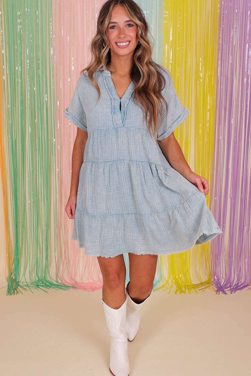 Beau Blue Mineral Wash Crinkle Split Neck Raw Hem Tiered Dress