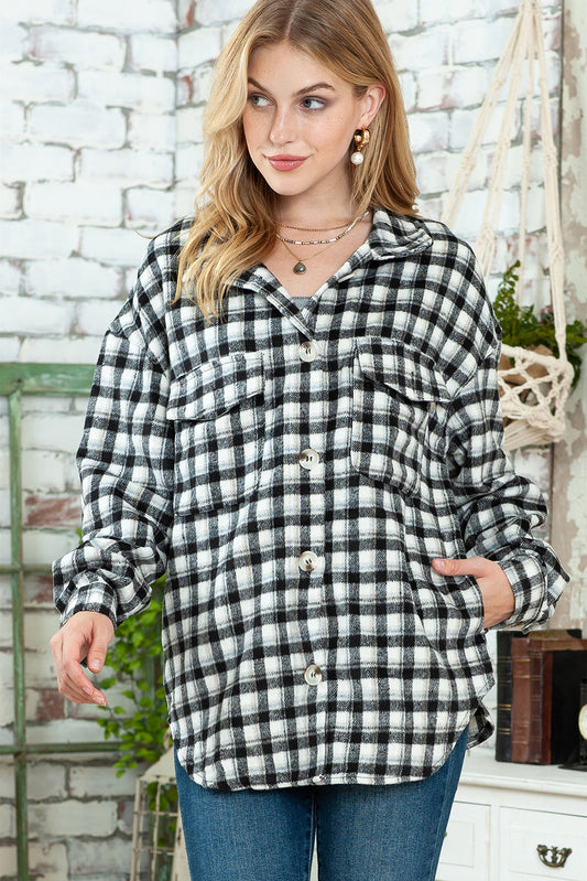 Wholesale Black Plaid Print Chest Pockets Buttoned Tunic Shacket - Eloy Royal