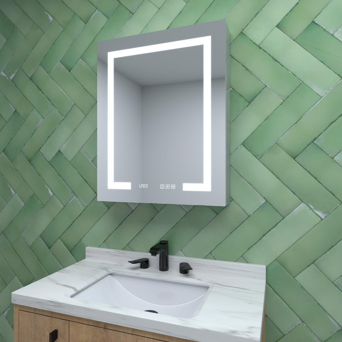 24 in. W x 30 in. H Rectangular Silver Aluminum Recessed/Surface Mount Right Medicine Cabinet with Mirror LED and Clock