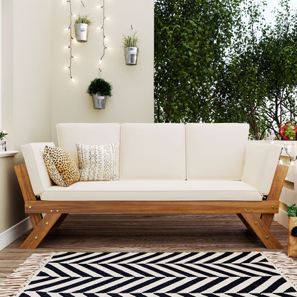 TOPMAX Outdoor Adjustable Patio Wooden Daybed Sofa Chaise Lounge with Cushions for