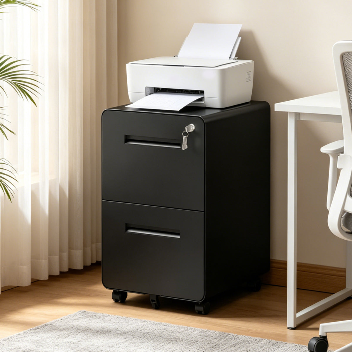 2 Drawer Metal Mobile File Cabinet with Lock, All-Steel Metal Storage Cabinet on 360° Wheels, Fully Assembled, Holds A4/Letter/Legal Files, Black Steel Office Storage Cabinet for Home Office