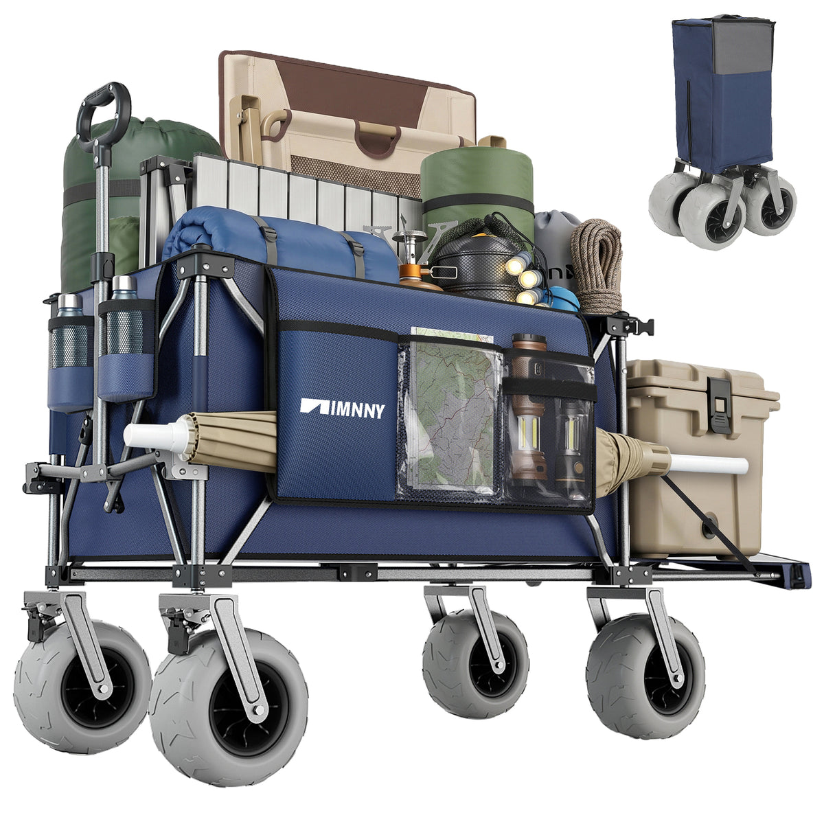 300L Beach Wagon with 58' Expandable Tailgate, 500lbs Heavy Duty Beach Cart with 9'' Wheels for Sand, Collapsible Folding Wagon with Side Pocket for Outdoor, Dark Blue