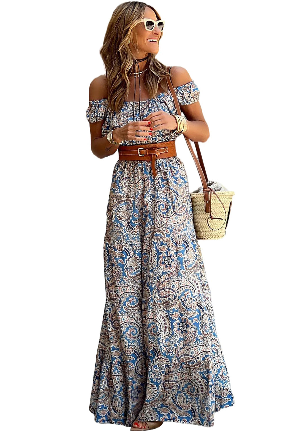 Blue Boho Paisley Print Off Shoulder Maxi Dress - Eloy Royal