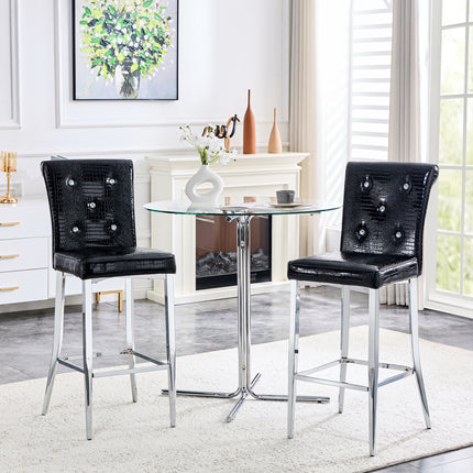 Modern 3-Piece Bar Height Dining Set, Clear Round Glass Table with Silver Metal Base & 2 Black Upholstered Bar Stools with Crocodile Pattern, Kitchen Island Breakfast Nook Set