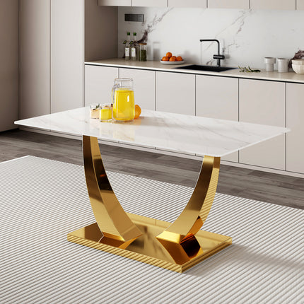 Modern minimalist rectangular glass dining table, 0.4 inches thick, white sticker glass tabletop, gold-plated metal legs. Used in kitchens, restaurants, and living rooms 63'* 35.4 ' *30' ,1548