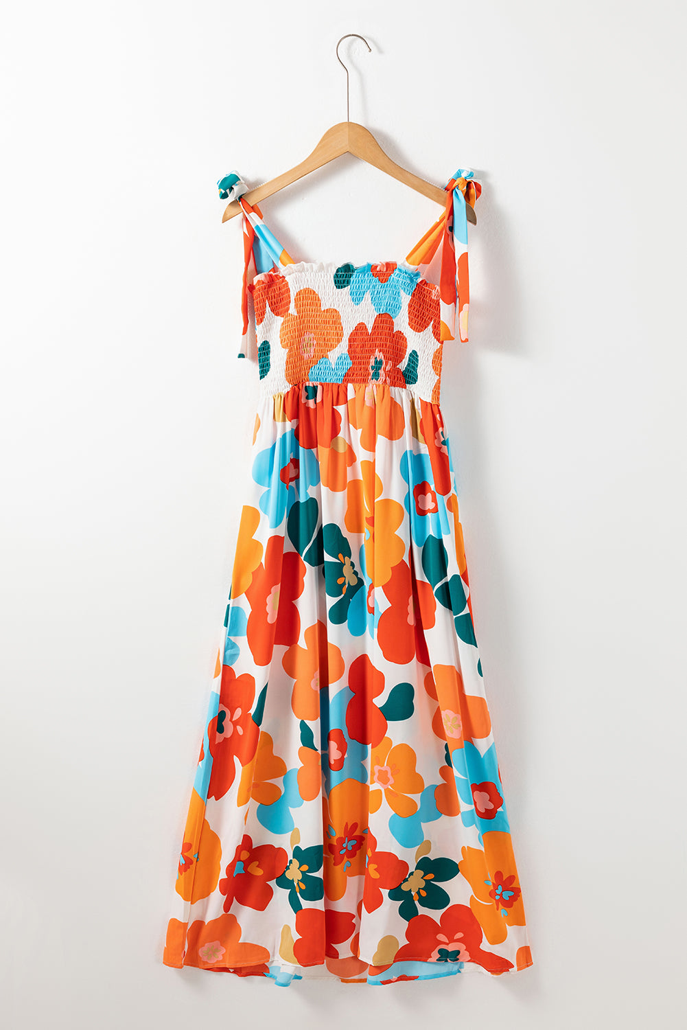 Orange 60s Floral Printed Shoulder Tie Smocked Maxi Dress - Eloy Royal