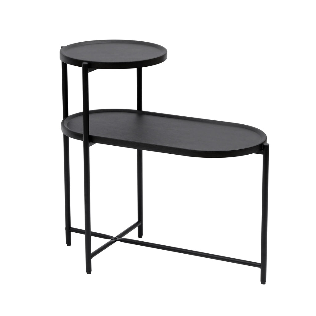 Modern Black Round Coffee Table with Storage Tray 2-Tier Oval End Tables Wooden Side Table for Living Room - Eloy Royal