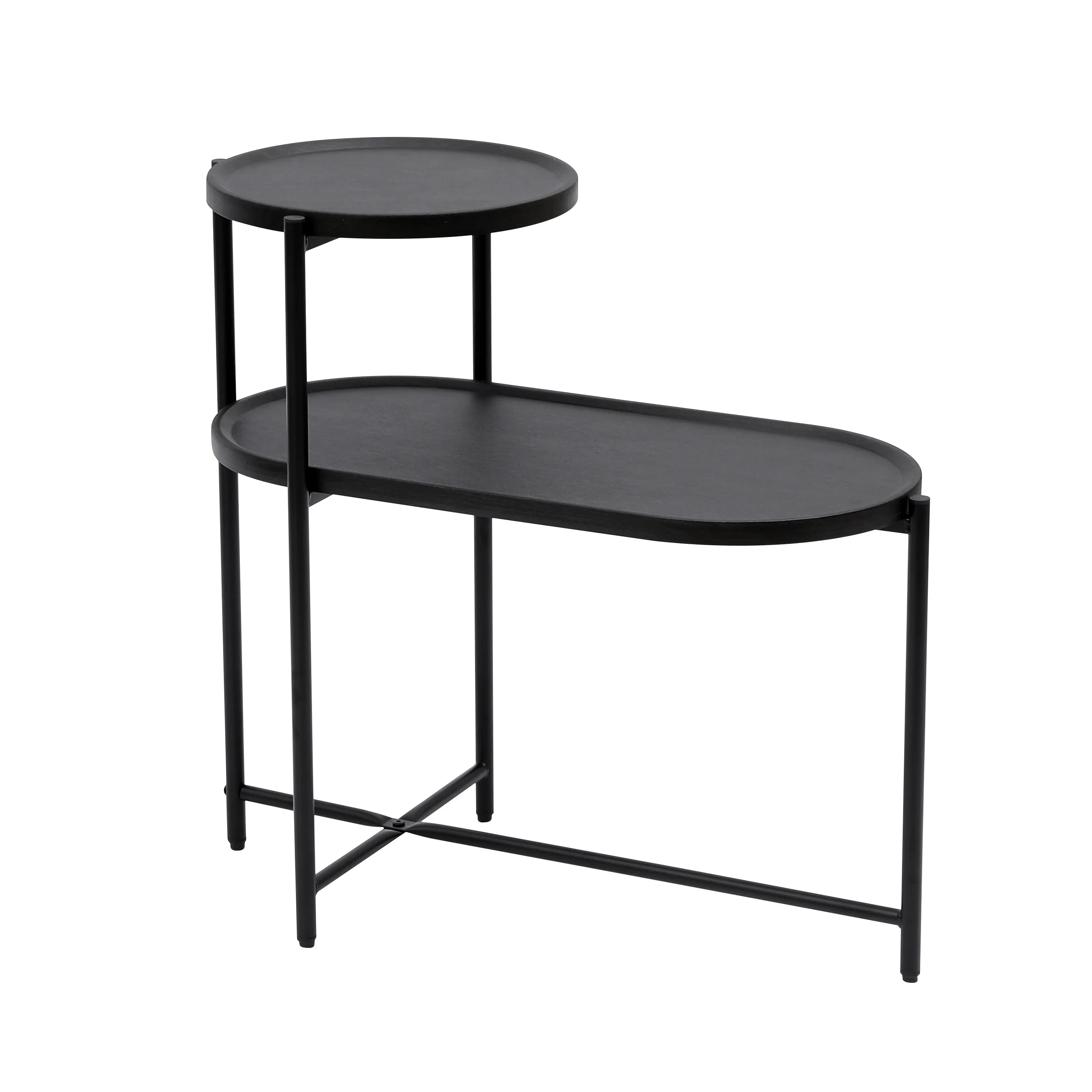 Modern Black Round Coffee Table with Storage Tray 2-Tier Oval End Tables Wooden Side Table for Living Room - Eloy Royal