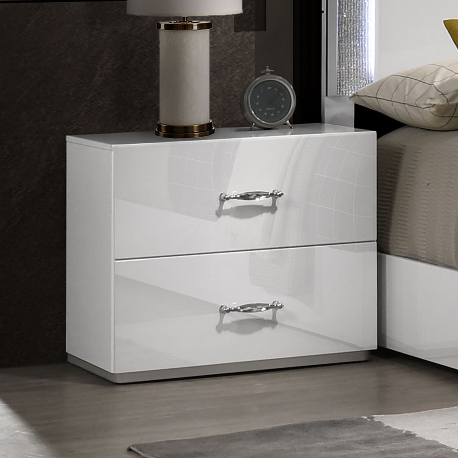 Contemporary Style 1pc Nightstand Stainless Steel High Gloss Finish Acrylic Handles White Finish Bedroom Furniture