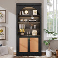 Tall Bookshelf with 4-layer LED Lightings,Modern Bookcase with Rattan Doors and Open Adjustable Shelves,Storage Bookshelf for Living Room,Home Office,Black