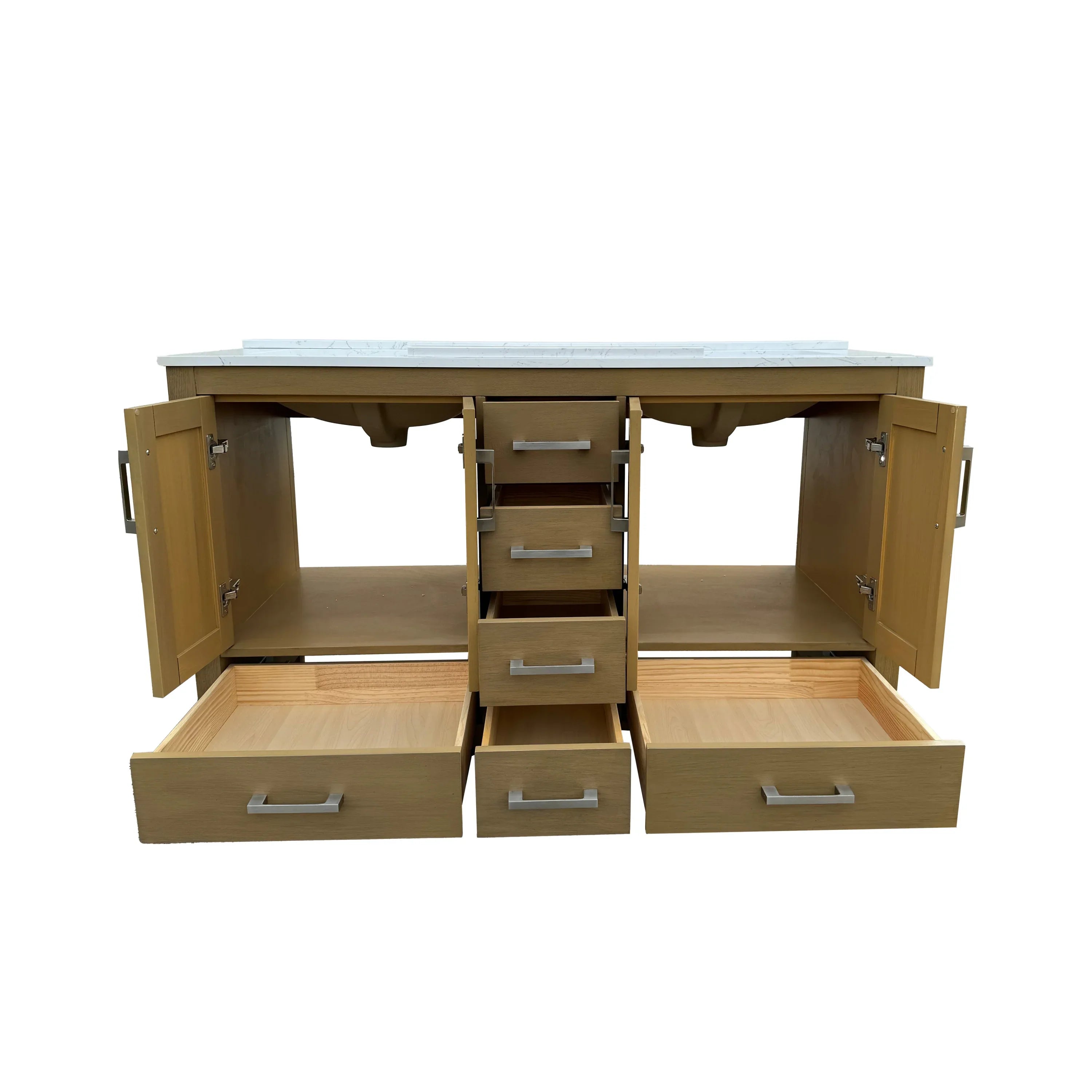 55' Bathroom Vanity with double basins Sink & Faucet Hole, Bathroom Storage Vanity Sink Cabinet with 4 Doors ＆ 6 Drawers in Oak - Eloy Royal