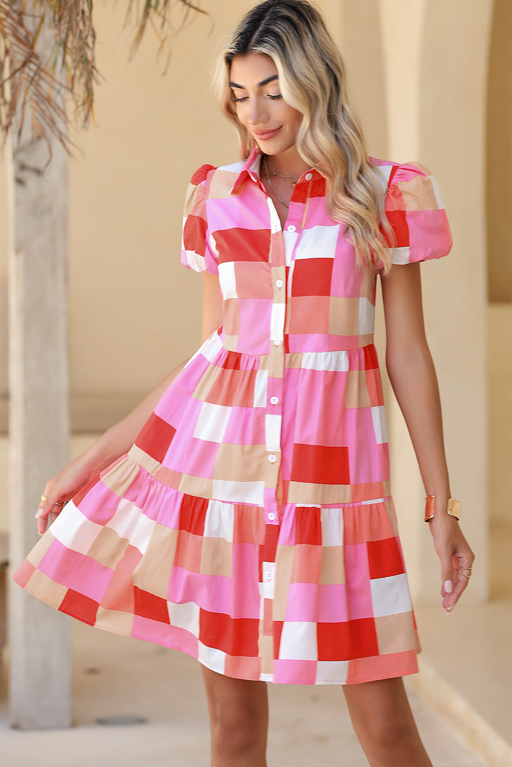 Pink Colorblock Plaid Puff Sleeve Tiered Mini Dress - Eloy Royal