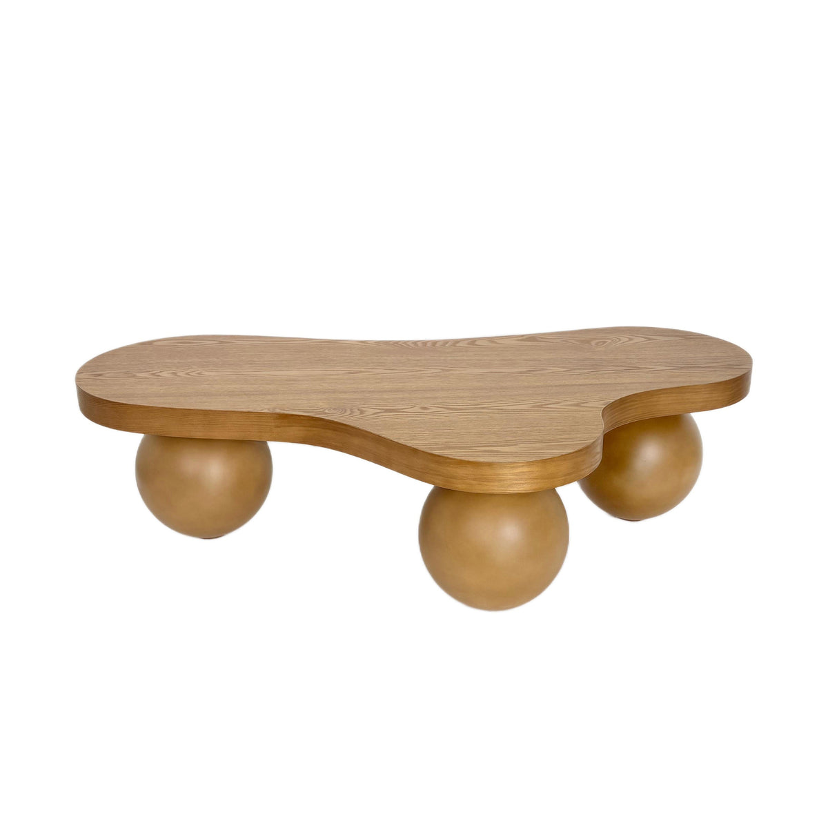 Modern Cloud-Shaped Coffee Table with 3 Ball Legs, Brown MDF & Ash Wood Veneer, 46'' for Living Room, Apartment, Small Space