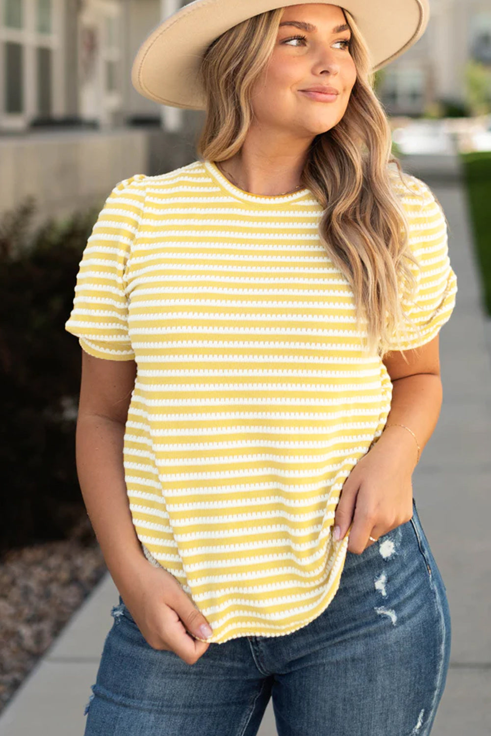 Yellow Stripe Short Puff Sleeve Plus Size Top - Eloy Royal