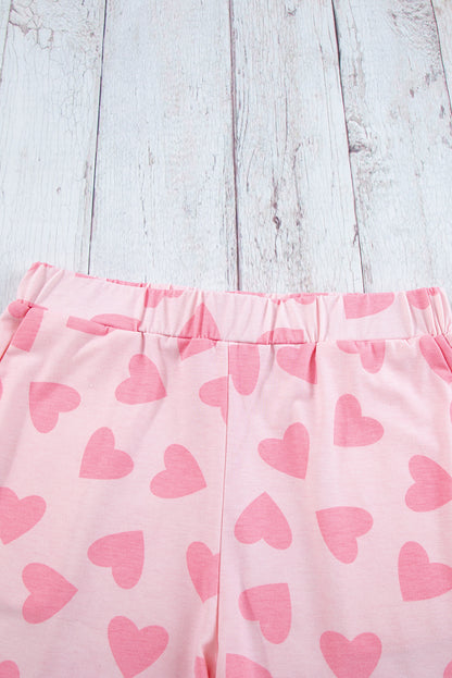 Pink Heart Print Long Sleeve Top and Shorts Loungewear Set