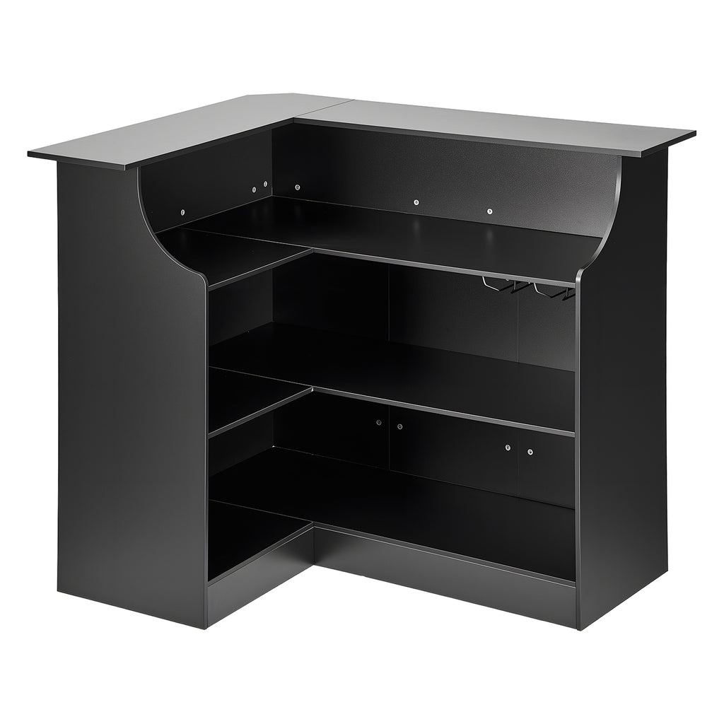 Home Bar Unit, L-Shaped Wine Bar Cabinet Table 4-Tier with Storage Shelves,  Wine Glass Holder, 300 lbs Max Capacity, Wood Liquor Cabinet for Home, Kitchen, Living Room, Pub, Basement, Black