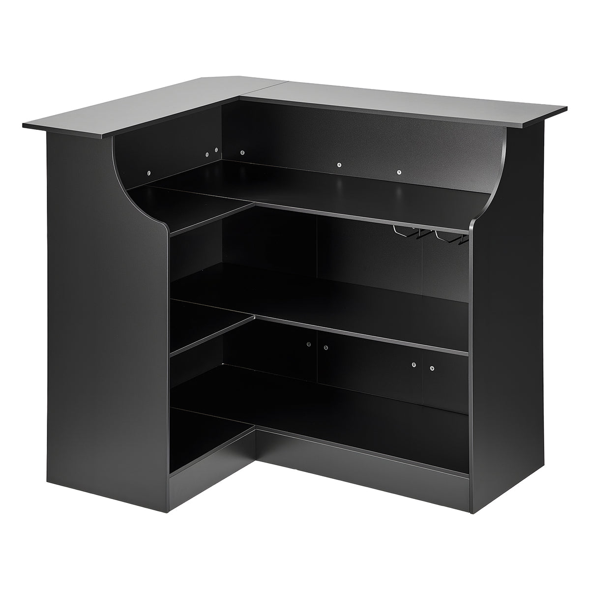 Home Bar Unit, L-Shaped Wine Bar Cabinet Table 4-Tier with Storage Shelves,  Wine Glass Holder, 300 lbs Max Capacity, Wood Liquor Cabinet for Home, Kitchen, Living Room, Pub, Basement, Black