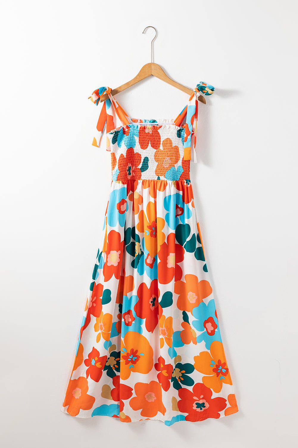 Orange 60s Floral Printed Shoulder Tie Smocked Maxi Dress - Eloy Royal