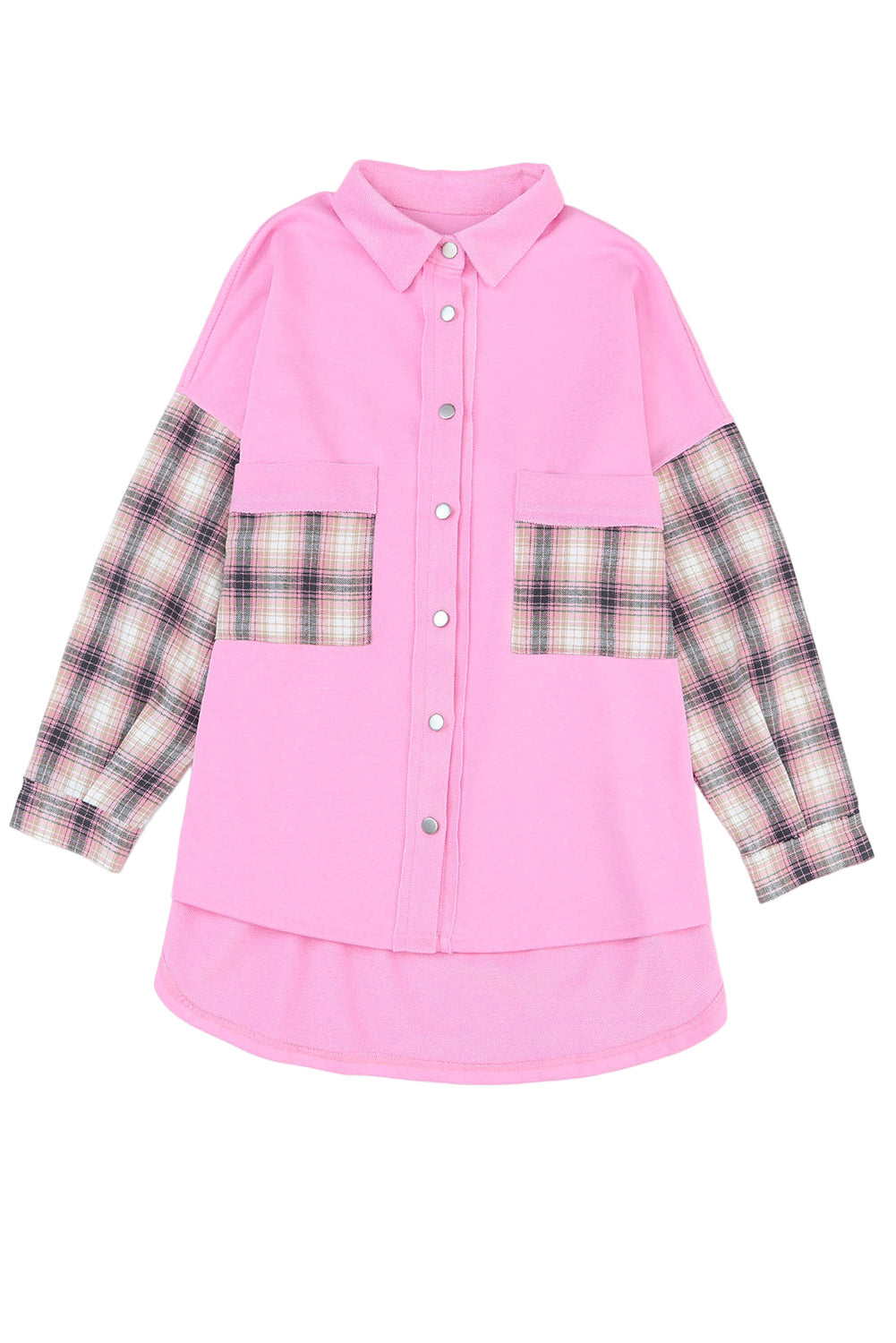 Rose Plaid Patchwork Chest Pockets Oversized Shirt Shacket - Eloy Royal