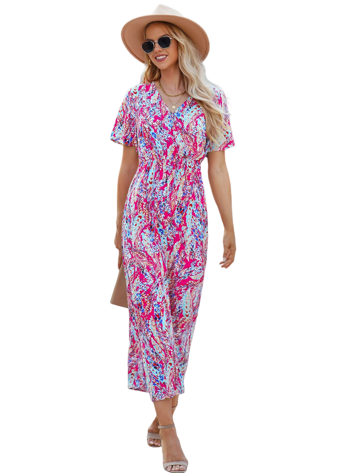 Wholesale Rose Boho Abstract Print V Neck Short Sleeve Maxi Wrap Dress - Eloy Royal