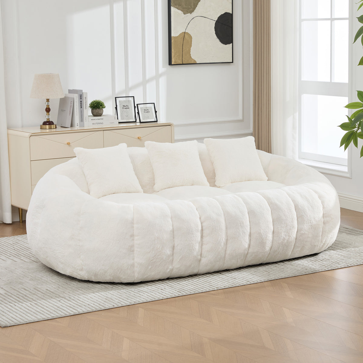 74.8' W Floral Shaped Boneless Loveseat Sofa, Ultra Soft Faux Fur Cloud Couch No Assembly Required, Oversized Deep Seat Compressed Foam Sofa for Living Room, Bedroom, Apartment, Lounge Area.Beige