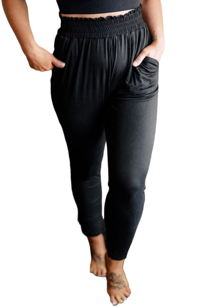 Black Plus Size Smocked High Waist Pocketed Soft Pants - Eloy Royal