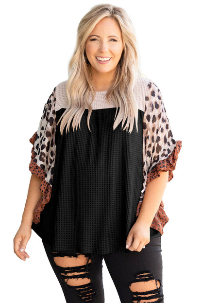 Black Rib Knit Animal Print Ruffle Sleeves Plus Size Top - Eloy Royal