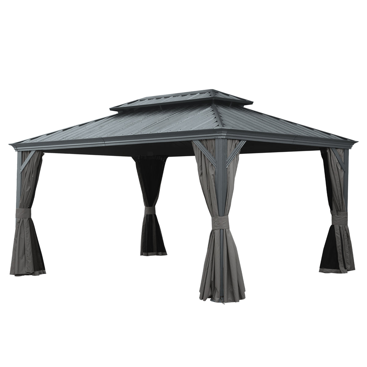 12' X 16' Hardtop Gazebo, Upgraded Metal Gazebo with Drainage System, Dual-Layer Galvanized Steel Roof, Curtain and Netting, Outdoor Shelter Canopy for Patio, Garden, and Backyard, Gray