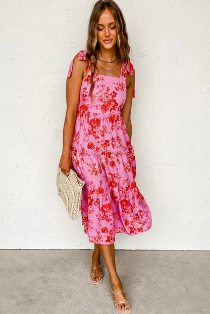 Pink Tie Shoulder Straps Tiered Floral Dress - Eloy Royal