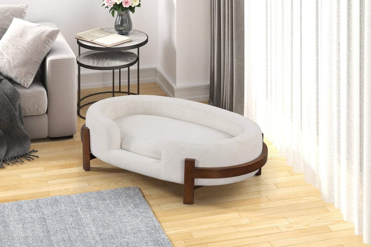 Calming Dog Bed Durable Fabric Pet Furniture 1pc, Medium Beige Solid Wood frame Oval Shape Cat Bed