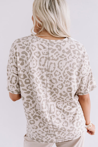 Brown Leopard Print Exposed Stitching V Neck Plus Size T Shirt - Eloy Royal