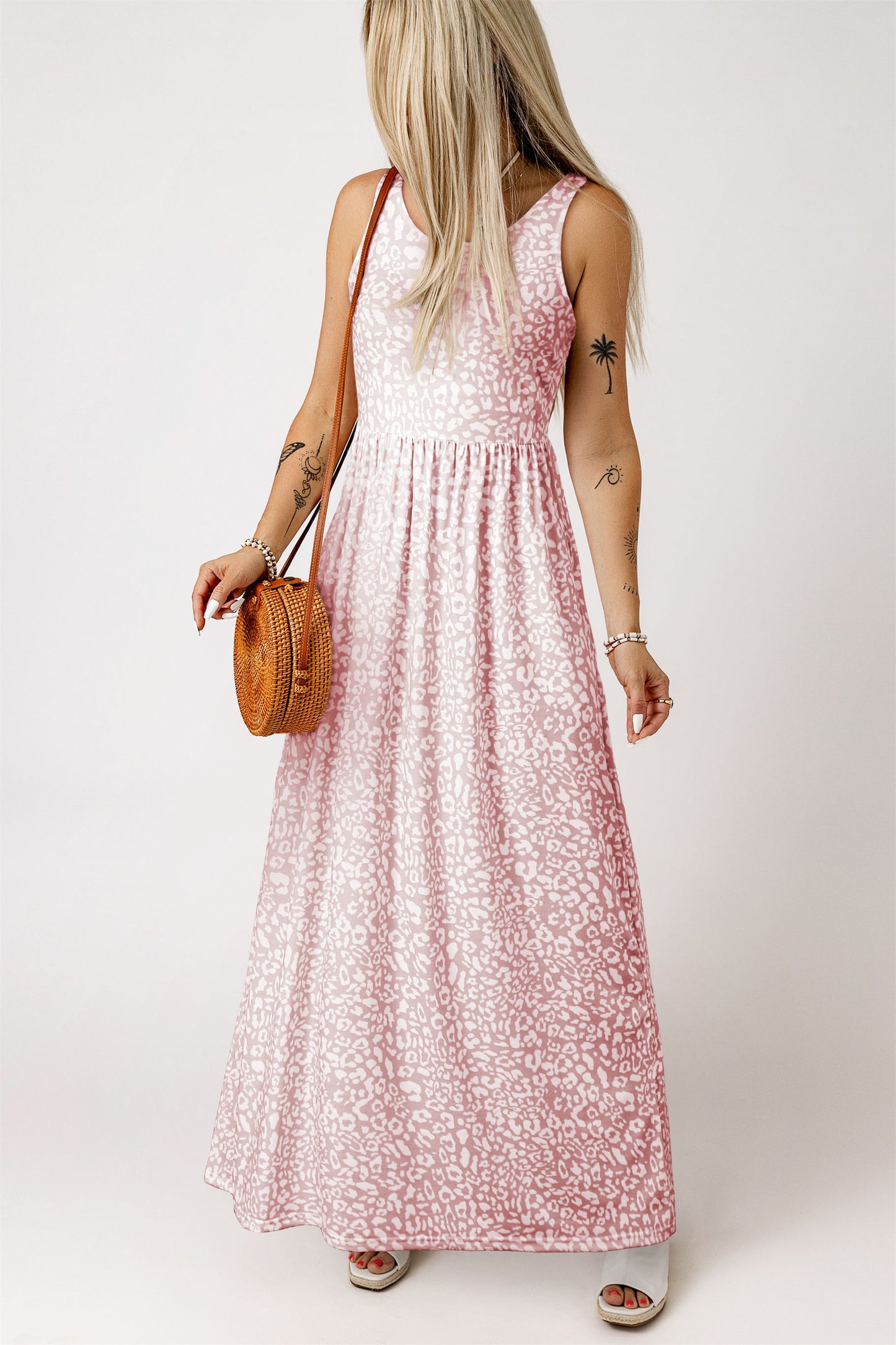 Pink Sleeveless Floor Length Leopard Print Dress with Pockets - Eloy Royal