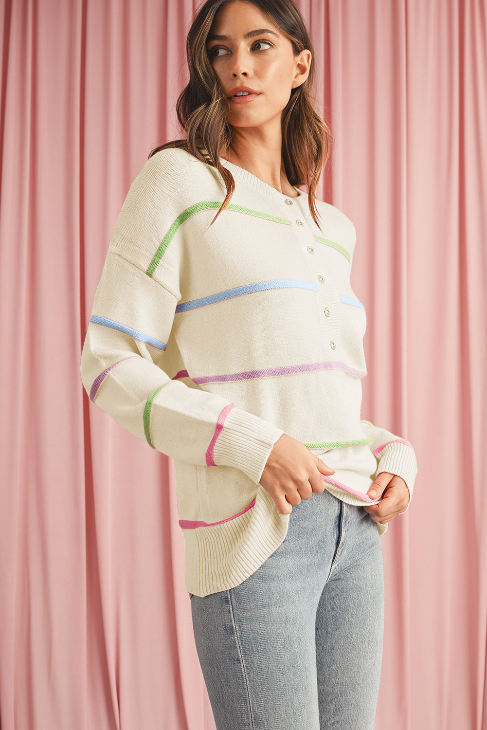 Pink Rainbow Striped Drop Sleeve Henley Sweater