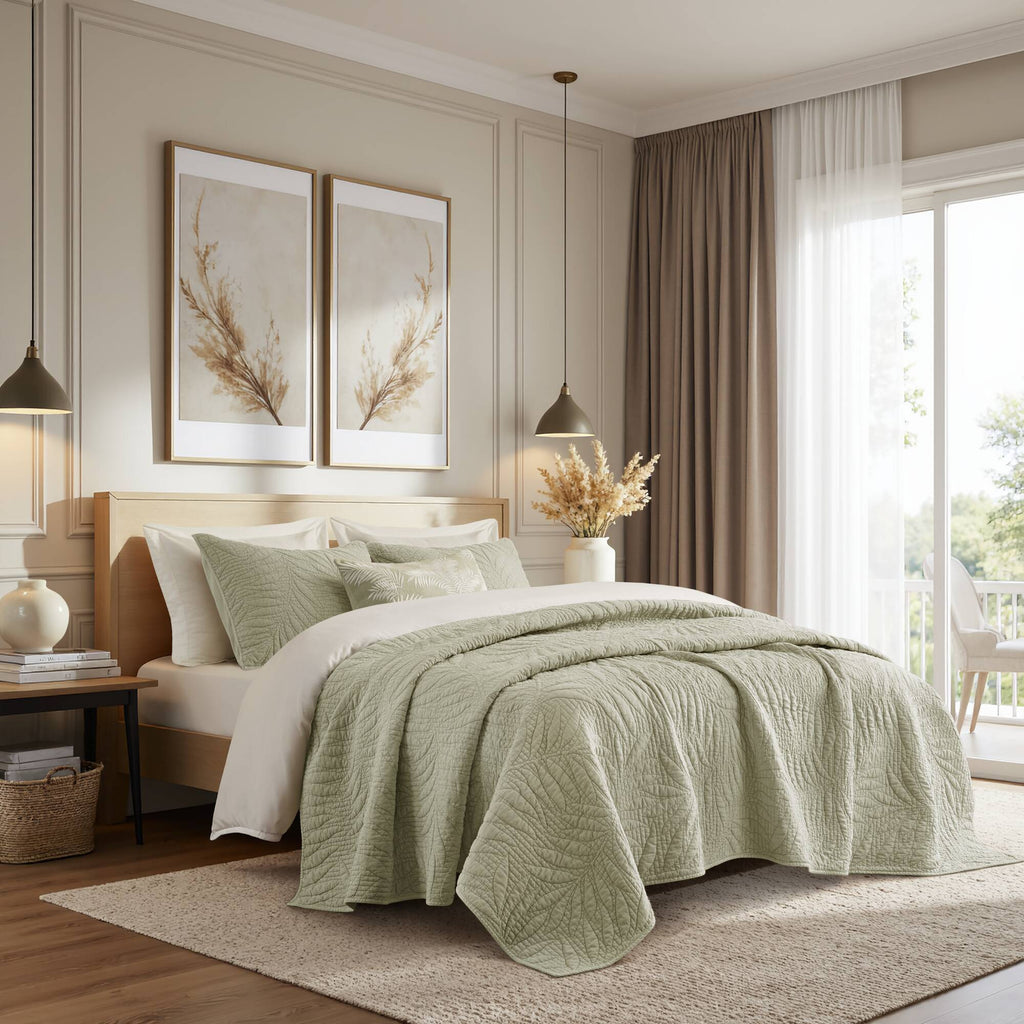 King 3 Piece Cotton Quilt Set Sage