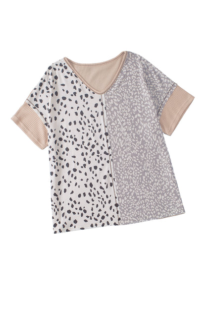 Khaki Plus Size Leopard Print Colorblock V Neck T Shirt - Eloy Royal