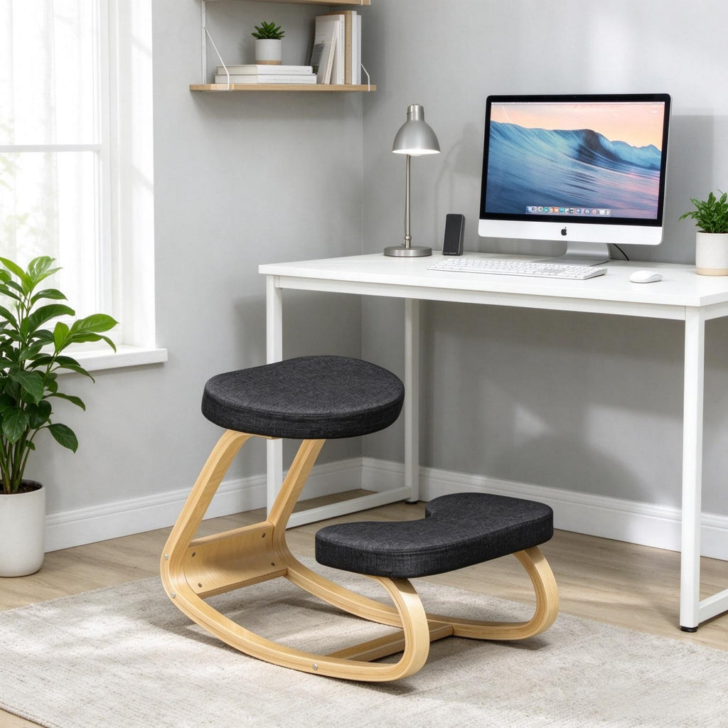 Ergonomic Rocking Kneeling Chair, Posture Correcting Kneeling Stool with Thick Upholstered Cushion & Bentwood Frame for Home Office