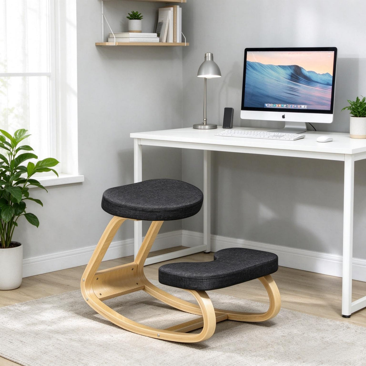 Ergonomic Rocking Kneeling Chair, Posture Correcting Kneeling Stool with Thick Upholstered Cushion & Bentwood Frame for Home Office
