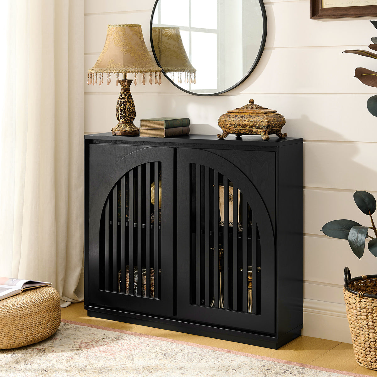 Mid Century Modern Fluted Sideboard Cabinet with 2 Outlet Holes, Buffet Cabinet with Storage, Narrow Side Cabinet for Living Room Entryway Hallway Kitchen Coffee Bar, Black