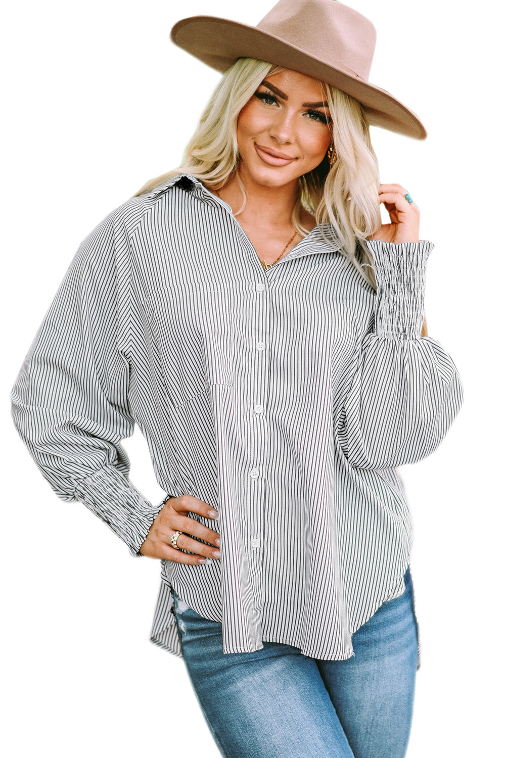 Light Blue Striped Casual Shirred Cuffs Shirt - Eloy Royal