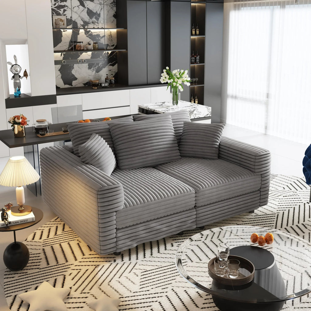 82.7 'Plush Corduroy 3-Seat Sofa,Modern Comfy Upholstered Sofa Cloud Couch,Deep Seat Couches with Soft Pillows and 2 Ottomans,Convertible Sofa Lounge Chair,for Living Room,Apartment,Office,Grey - Eloy Royal