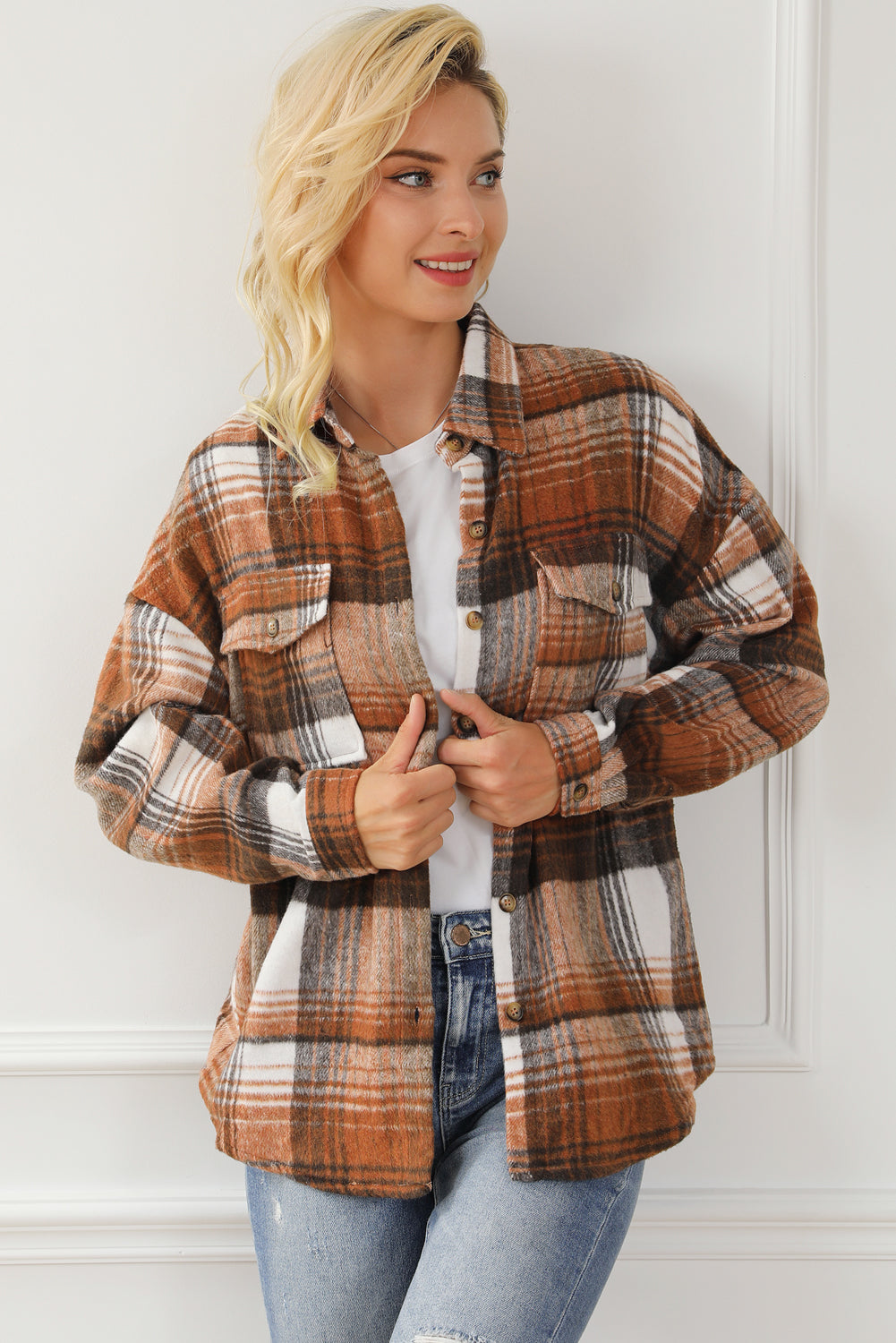 Pink & Grey Plaid Button Up Collared Flannel Shacket - Eloy Royal