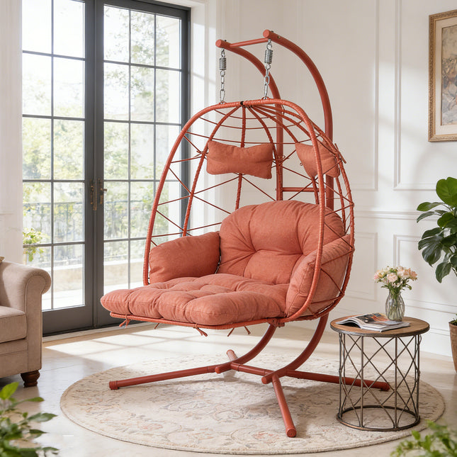 2 Person Hanging Egg Chair with Stand, Double Outdoor Wicker Swing Chair with Adjustable Footrest & Thickened Cushions for Patio Garden Balcony